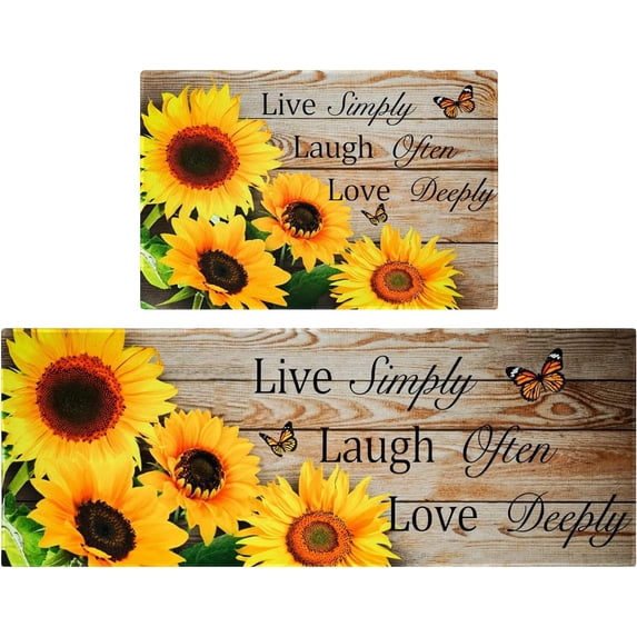 Sunflower Kitchen Rugs and Mats Yellow Sunflower on The Wooden Kitchen Decor Farmhouse Anti Fatigue Mat Non Skid Washable Standing Mat Live Laugh Love Kitchen Rugs17x30+17x47inch
