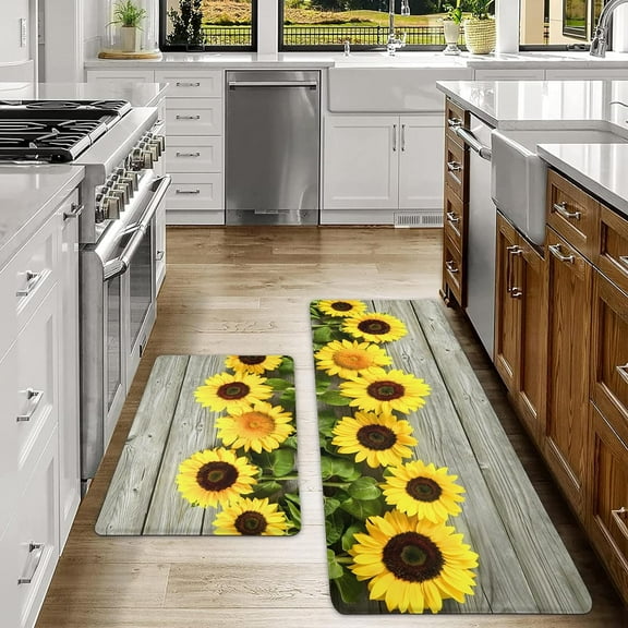 Sunflower Kitchen Rugs Set of 2 Anti-Fatigue Yellow Floral and Wood Plank Pattern Non Skid Kitchen Floor Mats Waterproof 2/5 Inch Thick PVC Comfort Standing Mat for Kitchen Sink, 17.3x28+17.3X 47 inch