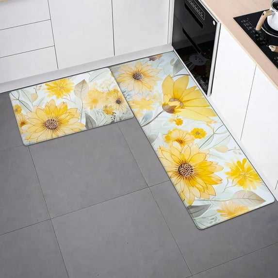 Sunflower Kitchen Rugs Set of 2 Anti Fatigue Yellow Vintage Floral Farmhouse Non-Skid Kitchen Floor Mats Comfort Standing Mat Waterproof Kitchen Mats for Floor