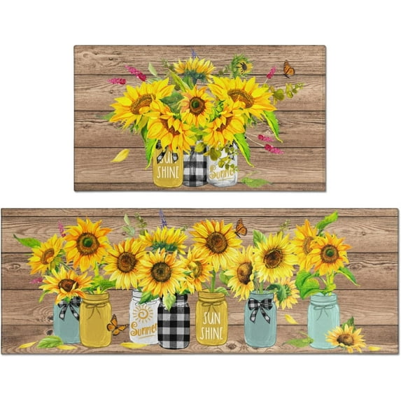 Sunflower Kitchen Rugs Set of 2,Farmhouse Style Kitchen Decor Sunflower Kitchen Mat Non-Slip Washable, Sunflower Kitchen Decor Anti Fatigue Floor Mat for Kitchen Sink Laundry Room, 17x30+17x47 Inch
