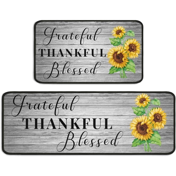 Sunflower Kitchen Rugs Set of 2 Non Skid Grey Kitchen Floor Rug and Mat Waterproof Kitchen Runner Rug Decor for Indoor Kitchen Floor Bedroom 17"x47"+17"x30"