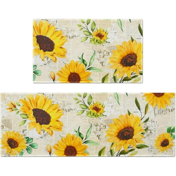Sunflower Kitchen Rugs Set 2 Pieces Non Slip Kitchen Rugs and Mats Waterproof Stain Resistant Standing Kitchen Runner Mat for Floor Kitchen Outdoor Doormat 17"x48"+17"x24"