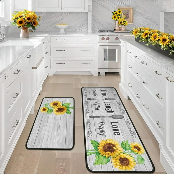Sunflower Kitchen Rugs Set 2Pcs Non Slip Grey Kitchen Floor Rug and Mat Stain Resistant Kitchen Runner Rug Standing Area Mat Carpets for Kitchen Floor Decor 17"x47"+17"x30"