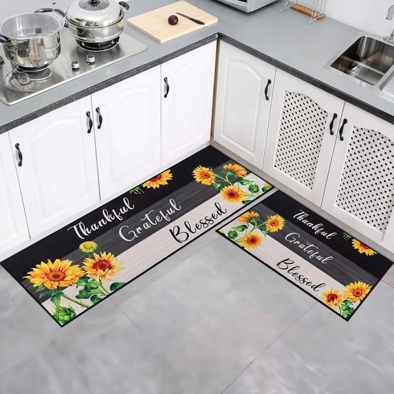Sunflower Kitchen Rugs Sets of 2, Kitchen Mats for Floor, Washable Non Slip Rubber Backing Kitchen Mats for Kitchen, Sink & Laundry, Sunflower Kitchen Decor, 17"x30"+17"x47"