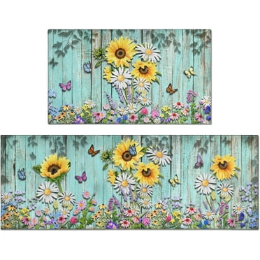 Sunflower Kitchen Rugs Sets 2 Piece, Non Slip Washable Daisy Floral Rugs and Mats for Kitchen Floor, Sunflower Kitchen Decor - 17x30 and 17x47 Inch
