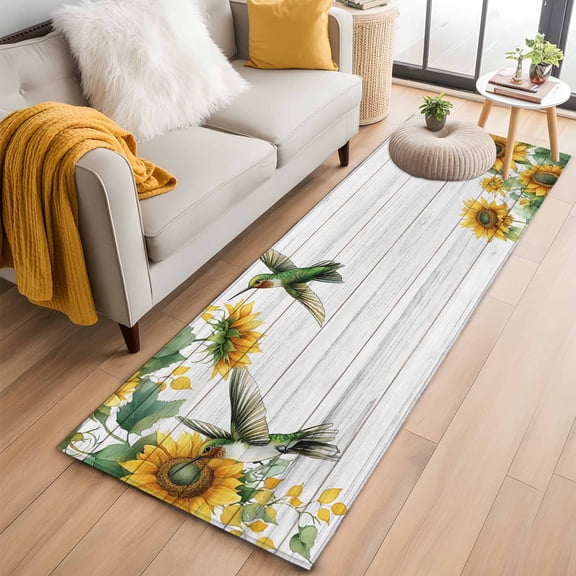 Sunflower Kitchen Runner Rug 2x6 Washable Runners for Hallway Non Slip Yellow Summer Botanical Hummingbird Large Area Rug Indoor Floor Carpet for Bathroom Laundry Entryway Bedroom Living Room