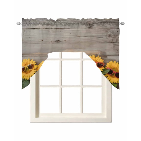 Sunflower Kitchen Swag Valances for Windows, Sunglasses Rustic Wood Grain Brown Summer Swag Valances Curtains for Living Room, Rod Pocket Window Treatments for Bathroom, Bedroom, Cafe, 56"x36"
