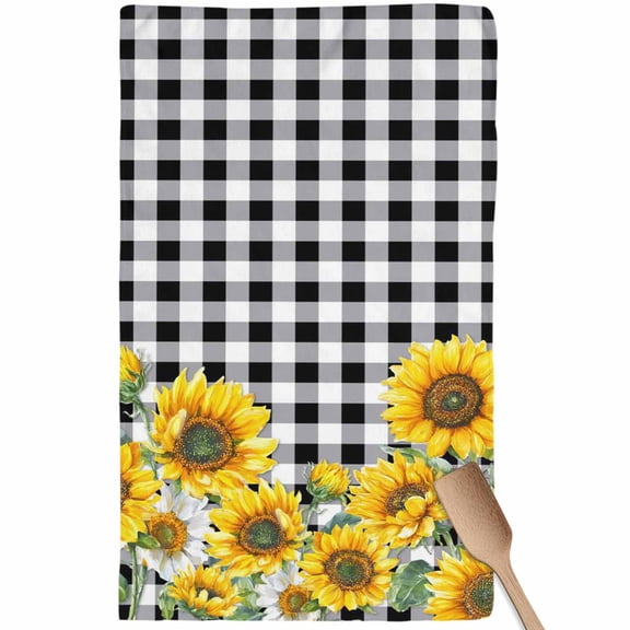 Sunflower Kitchen Towel Dish Cloths Set of 1, Microfiber Soft Kitchen Hand Towels, Black White Check Country Yellow Floral Absorbent Quick Drying Dishcloths 18 x 28 Inches