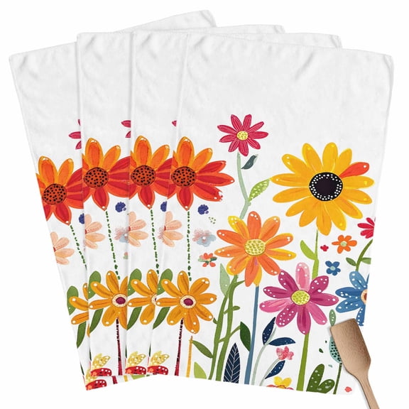 Sunflower Kitchen Towel Dish Cloths Set of 4, Microfiber Soft Kitchen Hand Towels, Spring Floral Colorful Summer Botanical Absorbent Quick Drying Dishcloths 18 x 28 Inches