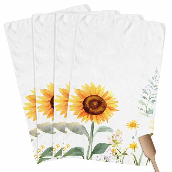 Sunflower Kitchen Towel Dish Cloths Set of 4, Microfiber Soft Kitchen Hand Towels, Yellow Summer Botanical Country Absorbent Quick Drying Dishcloths 18 x 28 Inches