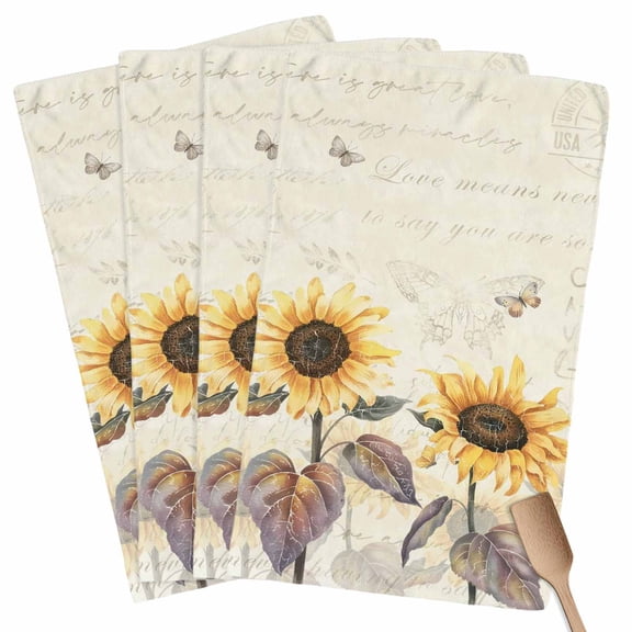Sunflower Kitchen Towel Dish Cloths Set of 4, Microfiber Soft Kitchen Hand Towels, Yellow Summer Botanical Floral Farmhouse Absorbent Quick Drying Dishcloths 18 x 28 Inches