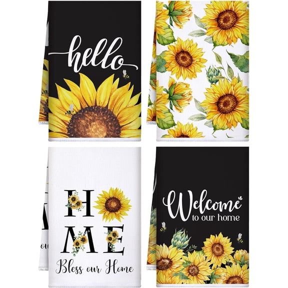 Sunflower Kitchen Towels, 4 Pack Hello Welcome Farmhouse Dish Towels, Absorbent Fast Drying Floral Decorative Hand Dishcloths Set for Kitchen Bathroom Cooking, Summer Housewarming Gift
