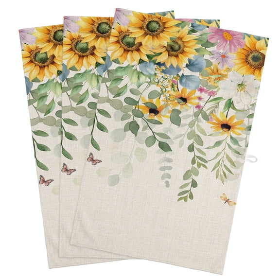 Sunflower Kitchen Towels, Absorbent Microfiber Kitchen Dish Hand Tea Bath Towel, Rustic Summer Botanical Eucalyptus Leaf Quick Dry Cleaning Cloth Dishclothes Decorative Sets, (3-PC, 18x28)