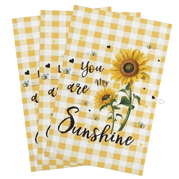 Sunflower Kitchen Towels, Absorbent Microfiber Kitchen Dish Hand Tea Bath Towel, Yellow Plaid Lattice You Are My Sunshine Quick Dry Cleaning Cloth Dishclothes Decorative Sets, (3-PC, 18x28)
