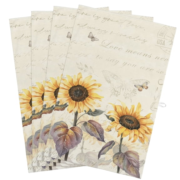 Sunflower Kitchen Towels, Absorbent Microfiber Kitchen Dish Hand Tea Bath Towel, Yellow Summer Botanical Floral Farmhouse Quick Dry Cleaning Cloth Dishclothes Decorative Sets, (4-PC, 18x28)