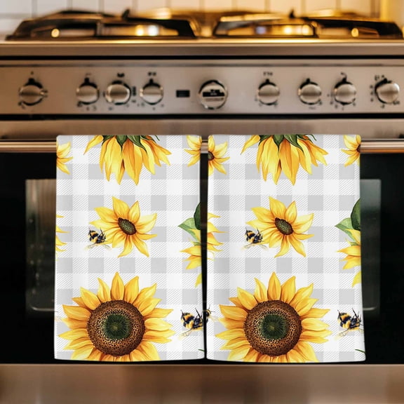 Sunflower Kitchen Towels Set of 1, Farmhouse Grey Buffalo Check Floral Bee Absorbent Dish Towels for Kitchen, Microfiber Hand Towel, Quick Drying Tea Towel for Cleaning Decorative Dishcloths
