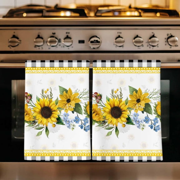 Sunflower Kitchen Towels Set of 1, Yellow Flowers Black White Plaid Farmhouse Botanical Absorbent Dish Towels for Kitchen, Microfiber Hand Towel, Quick Drying Tea Towel Decorative Dishcloths