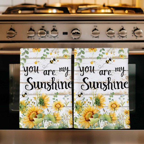 Sunflower Kitchen Towels Set of 2, Summer Botanical Bee Vintage Floral Wooden Absorbent Dish Towels for Kitchen, Microfiber Hand Towel, Quick Drying Tea Towel for Cleaning Decorative Dishcloths