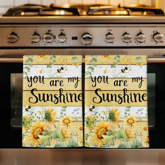 Sunflower Kitchen Towels Set of 2, Summer Botanical Bee Vintage Floral Yellow Wooden Absorbent Dish Towels for Kitchen, Microfiber Hand Towel, Quick Drying Tea Towel for Cleaning Dishcloths