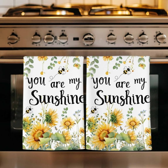 Sunflower Kitchen Towels Set of 2, Summer Floral Botanical Bee Watercolor Absorbent Dish Towels for Kitchen, Microfiber Hand Towel, Quick Drying Tea Towel for Cleaning Decorative Dishcloths