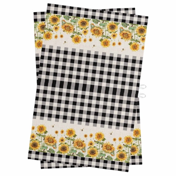 Sunflower Kitchen Towels Set of 2, Water Absorbent Dish Towel, Retro Buffalo Plaid Black White Country Bee Decorative Hand Towels - Quick Drying Cloth for Cooking Baking, 18x28 Inch