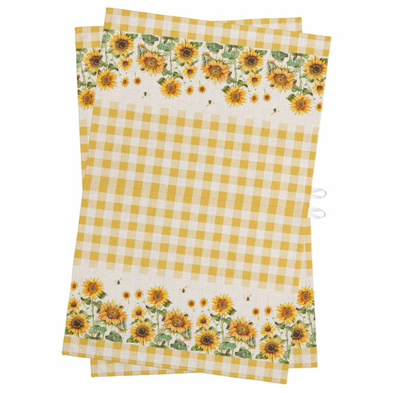 Sunflower Kitchen Towels Set of 2, Water Absorbent Dish Towel, Retro Buffalo Plaid Yelloe Beige Country Bee Decorative Hand Towels - Quick Drying Cloth for Cooking Baking, 18x28 Inch