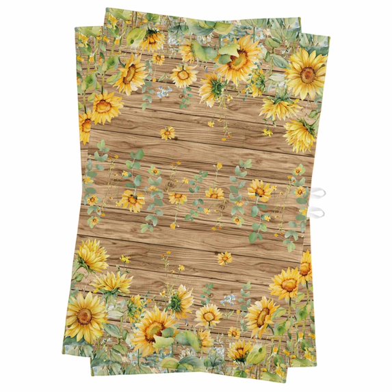 Sunflower Kitchen Towels Set of 2, Water Absorbent Dish Towel, Summer Eucalyptus Botanical Floral Brown Wooden Decorative Hand Towels - Quick Drying Cloth for Cooking Baking, 18x28 Inch