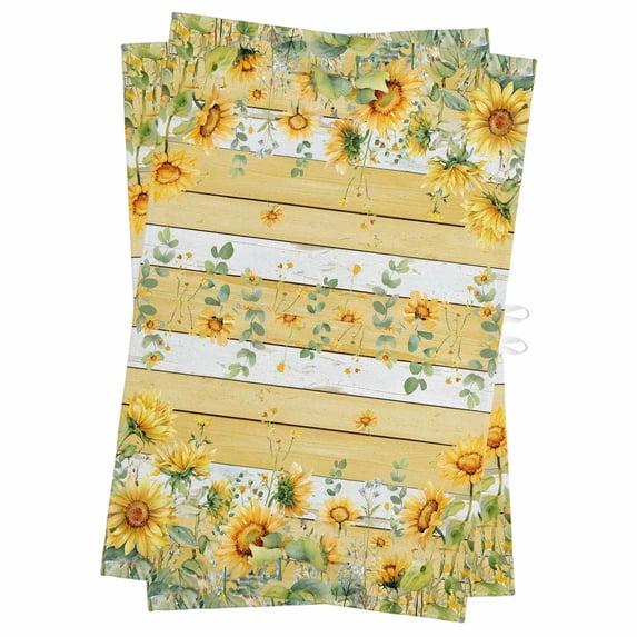 Sunflower Kitchen Towels Set of 2, Water Absorbent Dish Towel, Summer Eucalyptus Botanical Floral Yellow Wood Decorative Hand Towels - Quick Drying Cloth for Cooking Baking, 18x28 Inch