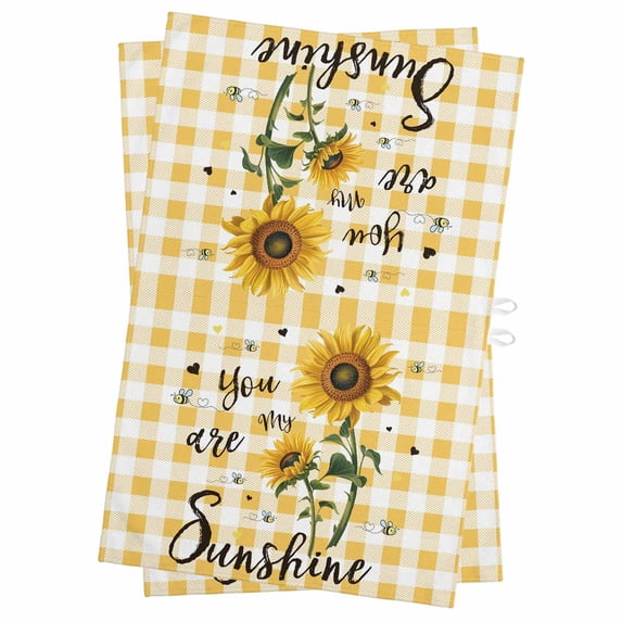 Sunflower Kitchen Towels Set of 2, Water Absorbent Dish Towel, Yellow Plaid Lattice You Are My Sunshine Decorative Hand Towels - Quick Drying Cloth for Cooking Baking, 18x28 Inch