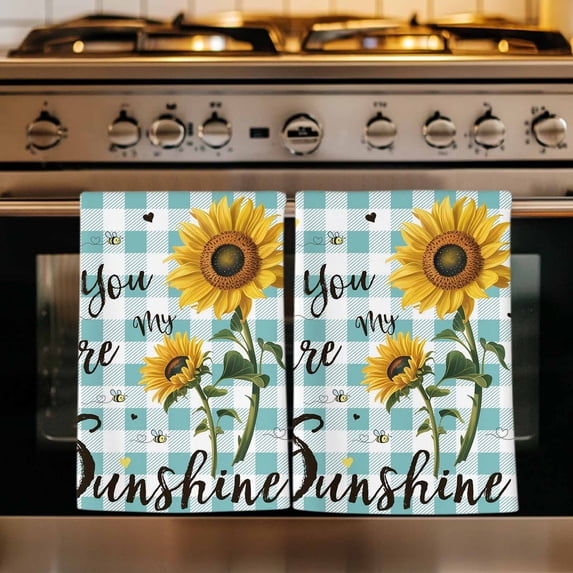 Sunflower Kitchen Towels Set of 3, Teal Green Check You Are My Sunshine Bee Absorbent Dish Towels for Kitchen, Microfiber Hand Towel, Quick Drying Tea Towel for Cleaning Decorative Dishcloths