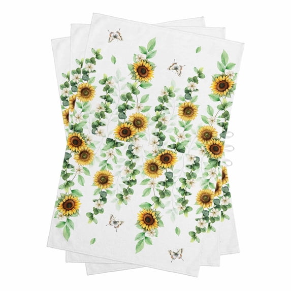 Sunflower Kitchen Towels Set of 3, Water Absorbent Dish Towel, Butterfly Flowers Green Leaf Watercolor White Decorative Hand Towels - Quick Drying Cloth for Cooking Baking, 18x28 Inch