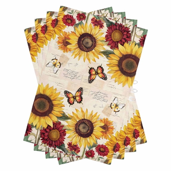 Sunflower Kitchen Towels Set of 4, Water Absorbent Dish Towel, Farmhouse Rose Floral Vintage Butterfly Decorative Hand Towels - Quick Drying Cloth for Cooking Baking, 18x28 Inch