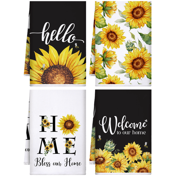 Sunflower Kitchen Towels, Set of 4 Hello Welcome Home Hand Cloth Sunflower Bee Decorative Dish Towels for Kitchen, 16×24 Inch