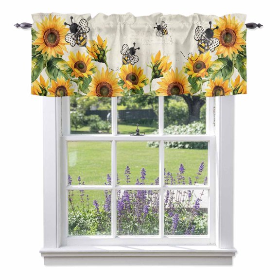 Sunflower Kitchen Valances, Farmhouse Yellow Floral with Bee Retro Beige Background Rod Pocket Window Valance 18 Inch Long, Window Curtain Panels for Living Room Bedroom Laundry, 54x18in