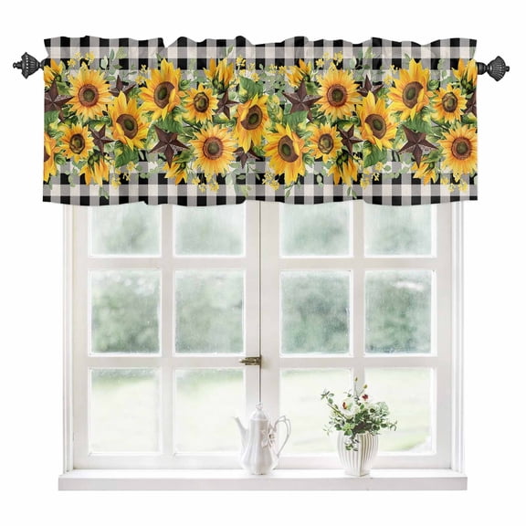 Sunflower Kitchen Valances for Windows 42x12 Inch Kitchen Curtains Valances Rod Pocket Rustic Brown Country Star Black Checkered Bathroom Window Valances for Window Treatment Decor