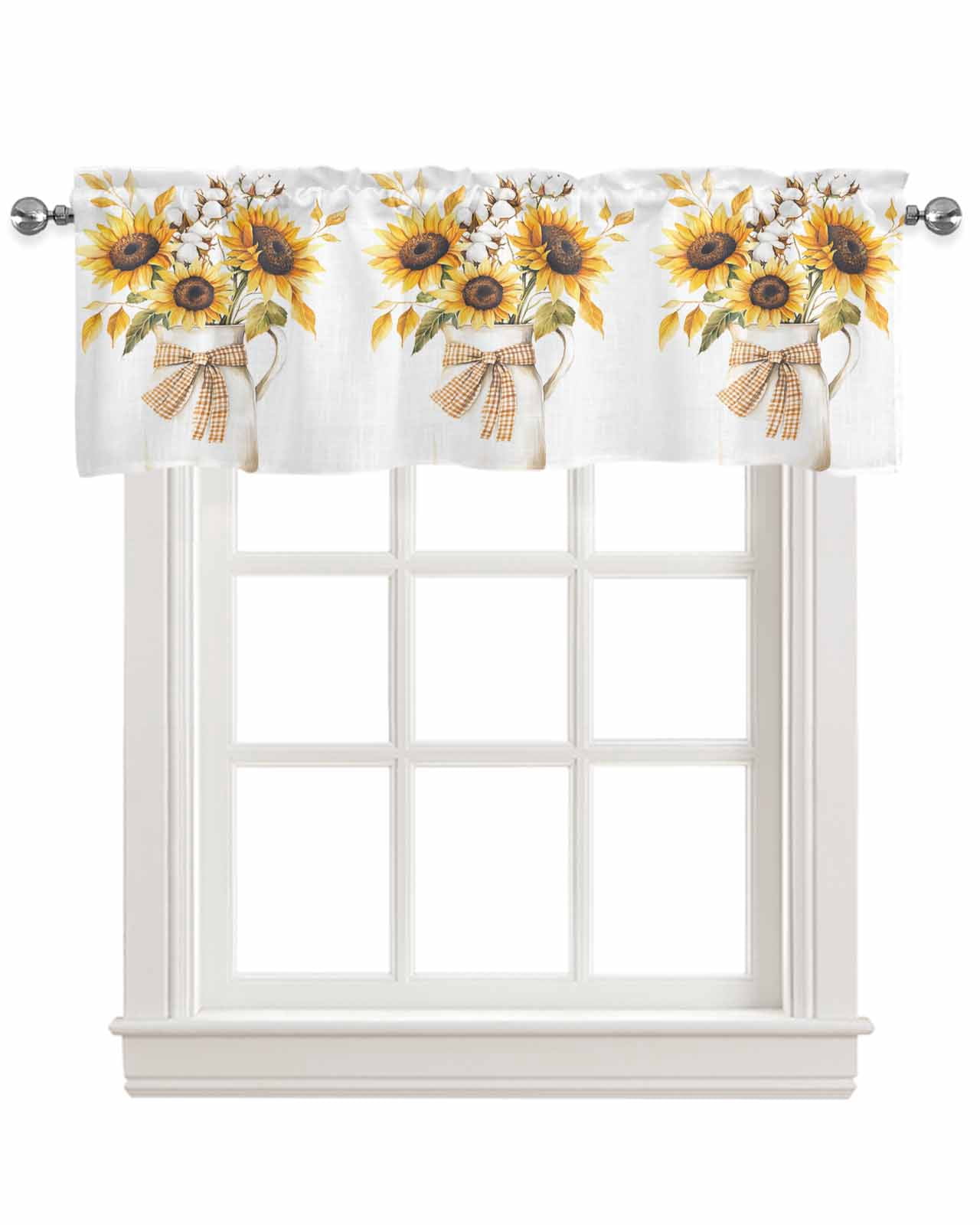 Sunflower Kitchen Valances for Windows Farmhouse Linen Window Valance Curtain for Living Room Window Treatment Farm Country Floral Botanical Plaid Bow Valance Rod Pocket Topper Drape, 60 x 18 Inch