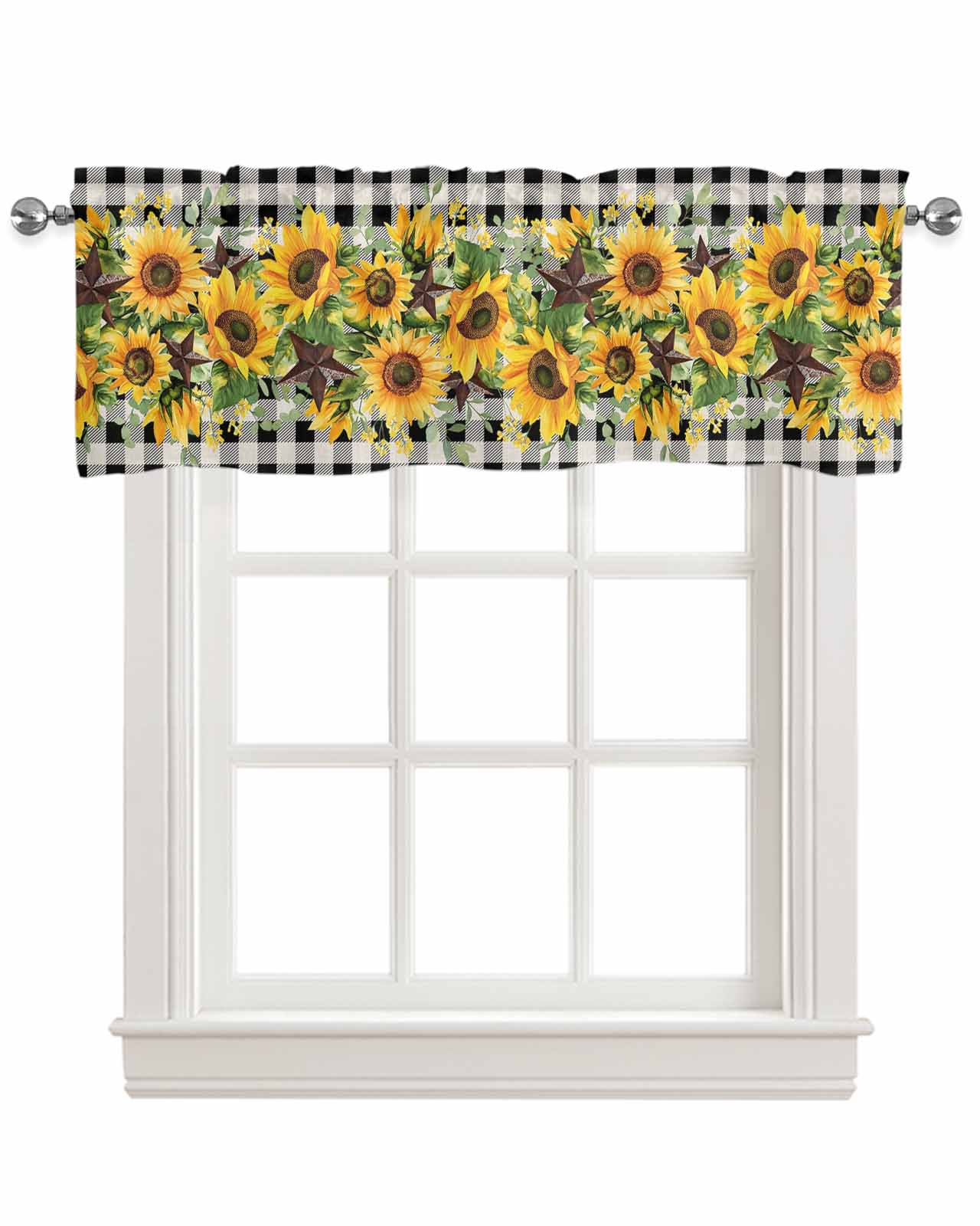 Sunflower Kitchen Valances for Windows Farmhouse Linen Window Valance Curtain for Living Room Window Treatment Rustic Brown Country Star Black Checkered Valance Rod Pocket Topper Drape, 42 x 12 Inch