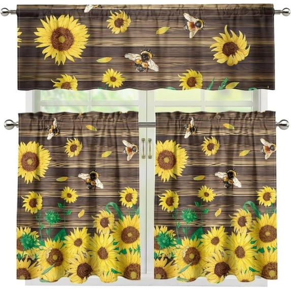 Sunflower Kitchen Window Curtain Toppers and Valances Decor Wood Panel Rod Pocket Sunflower Curtains Set Window Treatment Letter Backdrop, 36 Inches