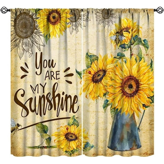 Sunflower Kitchen Window Curtains, Rustic Farmhouse Sunflower Bouquet Vintage Jug Summer Colorful Yellow Floral Window Treatments for Bedroom Living Room Cafe 84x84in