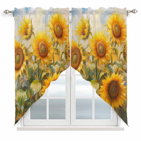 Sunflower Kitchen Window Curtains, Swag Curtains Valance for Bedroom Living Room Bathroom, Botanical Summer Floral Watercolor Rod Pocket Window Treatment Curtain Block Drapes 2 Panels 36"x36"