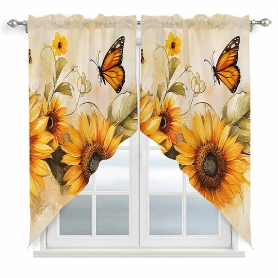 Sunflower Kitchen Window Curtains, Swag Curtains Valance for Bedroom Living Room Bathroom, Butterfly Spring Floral Retro Rod Pocket Window Treatment Curtain Block Drapes 2 Panels 28"x36"