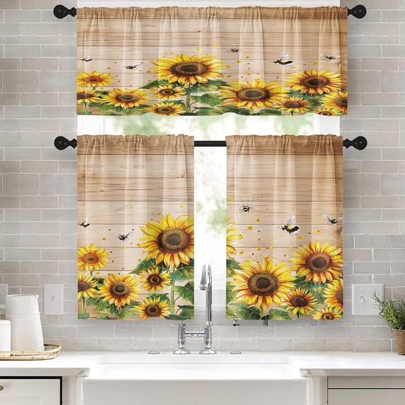 Sunflower Kitchen Window Curtains Valance and Tier Set 36 Inch, Spring Butterfly 3 Piece Set Short Curtains for Window, Summer Window Treatment Tiers for Living Room Bedroom