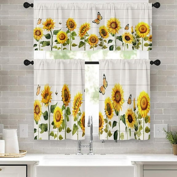 Sunflower Kitchen Window Curtains Valance and Tier Set 36 Inch, Spring Butterfly 3 Piece Set Short Curtains for Window, Summer Window Treatment Tiers for Living Room Bedroom