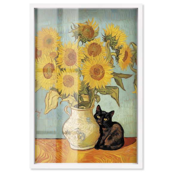 Sunflower Kitten Shadowbox Print Modern Art Prints by Art Remedy, White Frame, 10 x 15