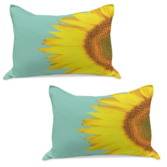 Sunflower Knitted Quilt Pillowcover Set of 2, Summer Flower Photo with Close up View Half Petal Print, Standard Queen Pillow Sham Bedroom, 30" x 20", Mustard Dark Orange, by Ambesonne
