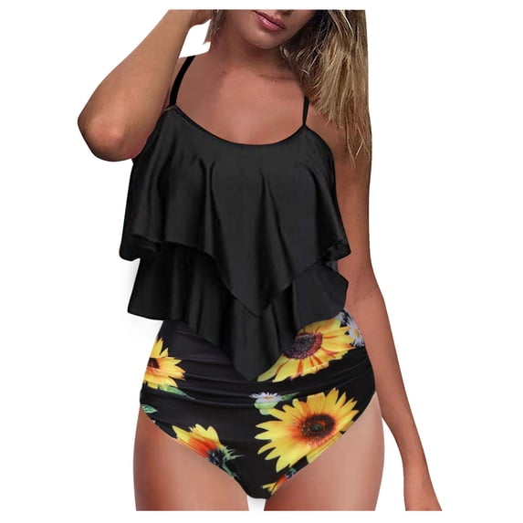 Sunflower Knot Swimwear for Women Ruched High Waisted Tankini Tank Top Swimsuit 2 Piece Cute Bikini Bathing Suit
