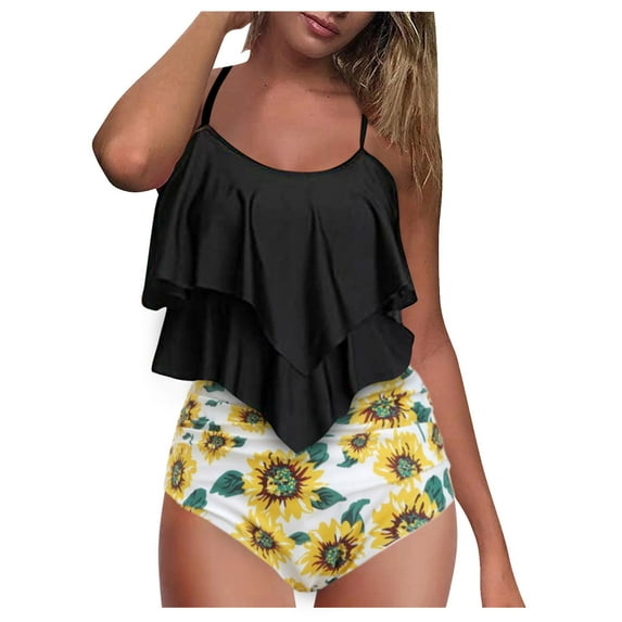 Sunflower Knot Swimwear for Women Ruched High Waisted Tankini Tank Top Swimsuit 2 Piece Cute Bikini Bathing Suit