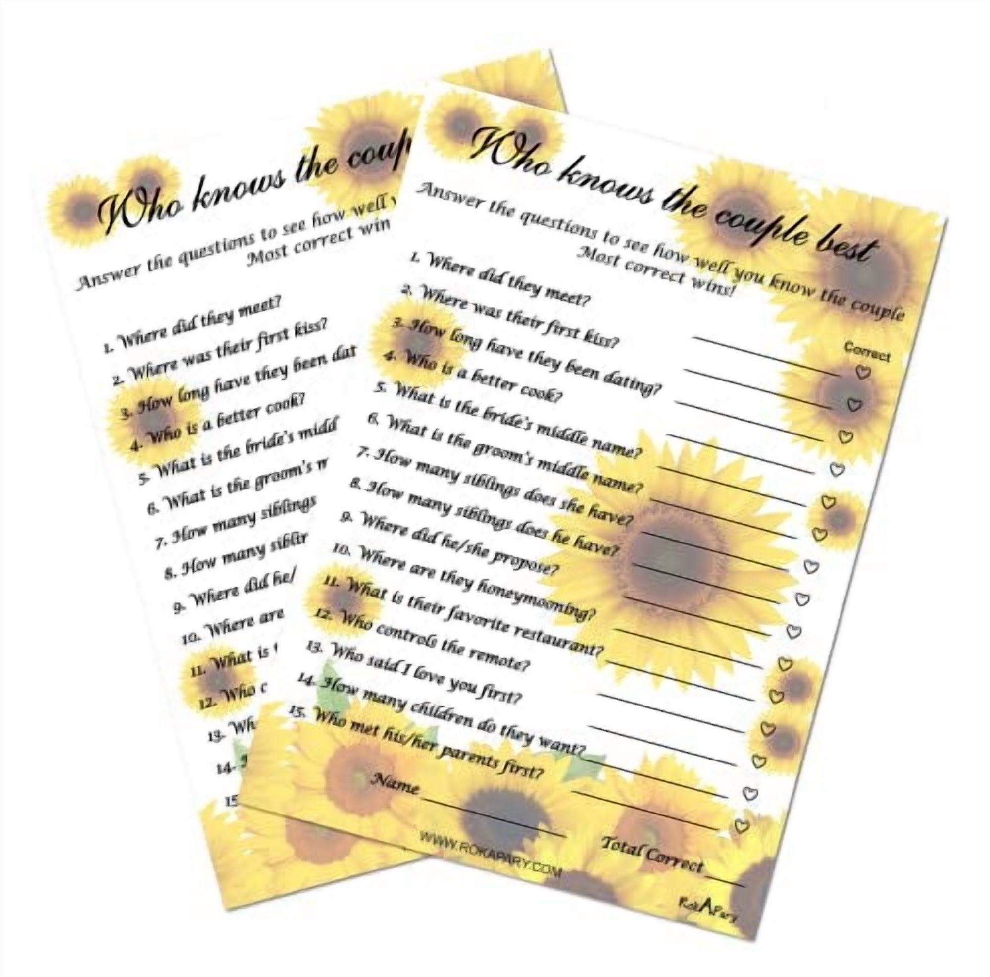 Sunflower Who Knows The Couple Best, Wedding, Bridal Shower, Bachelorette or Engagement Party Game, Couples Guessing Play Pack of 50 Cards 5x7 Made in USA