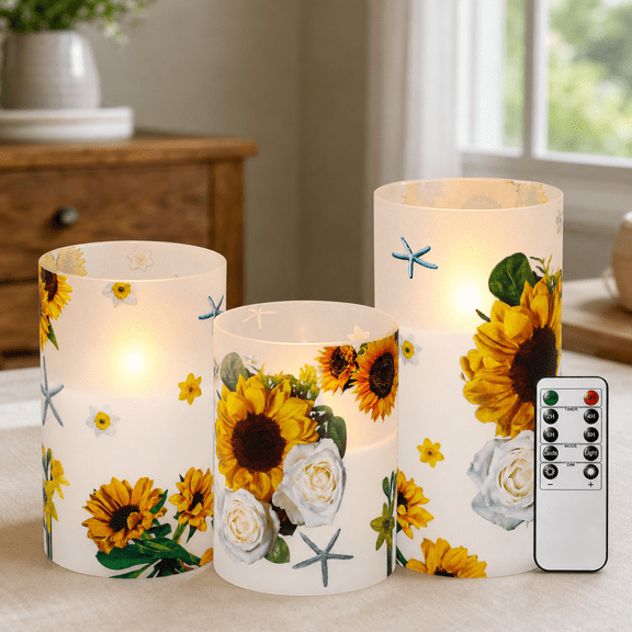 Sunflower LED Candles Real Wax Glass Decorative Set