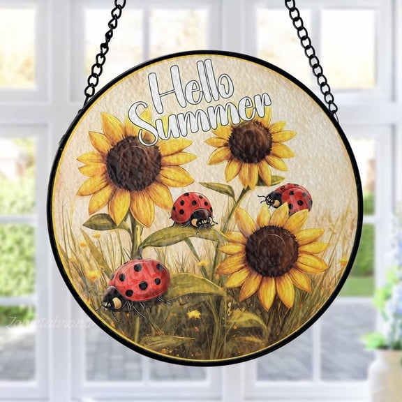 Sunflower Ladybug Stained Glass Suncatcher Metal Outdoor Decor Farmhouse Garden Art Yellow Red Green